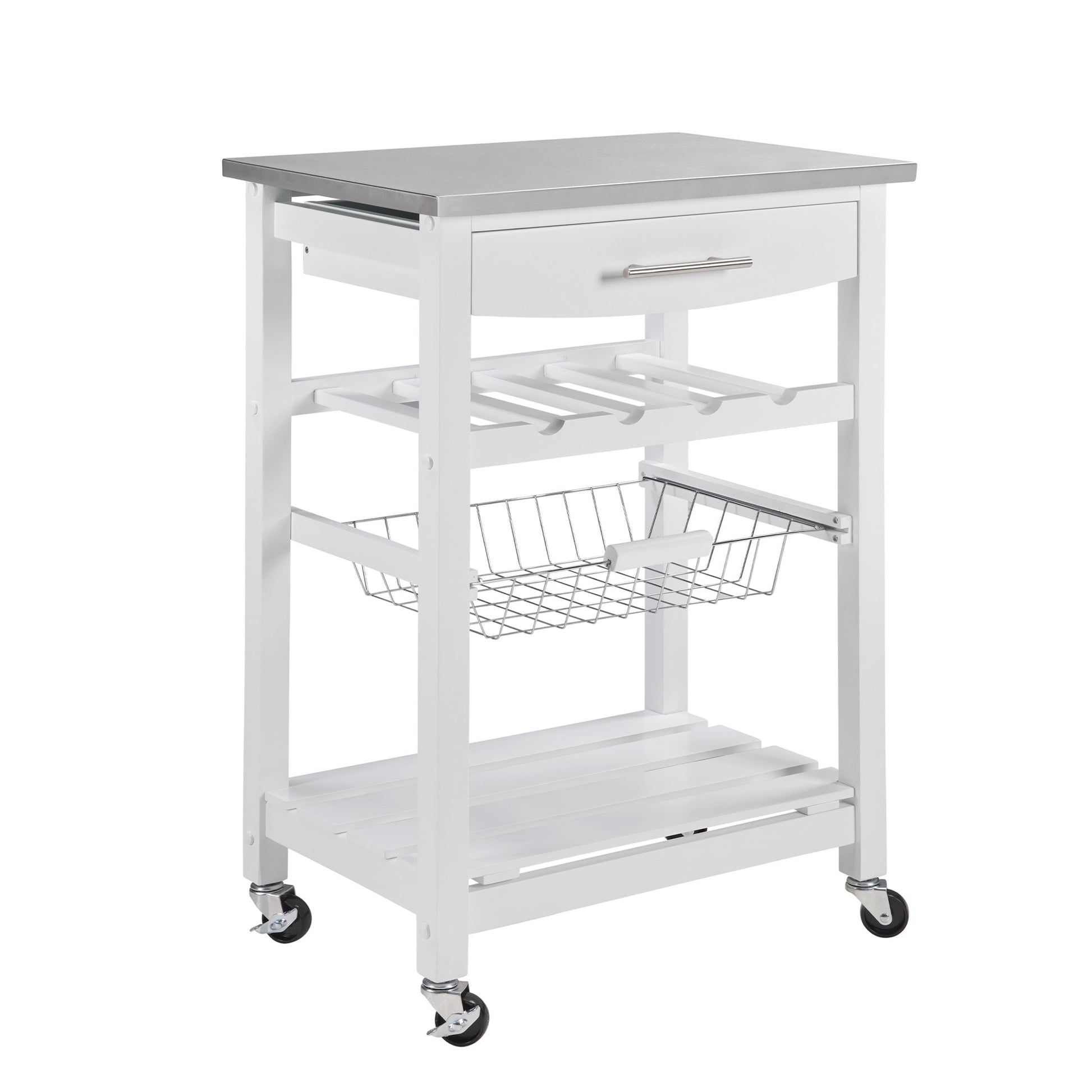VANECL Rolling Kitchen Island Trolley with Stainless Steel Top, Mobile Serving Cart with Drawer & Slide-Out Wire Storage Basket, Lockable Casters Solid Pine Frame Kitchen Utility Cart