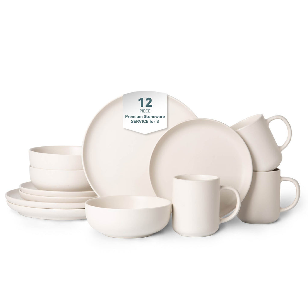 VANECL 12-Piece Matte Stoneware Dinnerware Set for 3, Non-Toxic Lead Free Plates B0wls Mugs, Microwave & Dishwasher Safe Stackable Reactive Glaze Kitchen Dinner Set