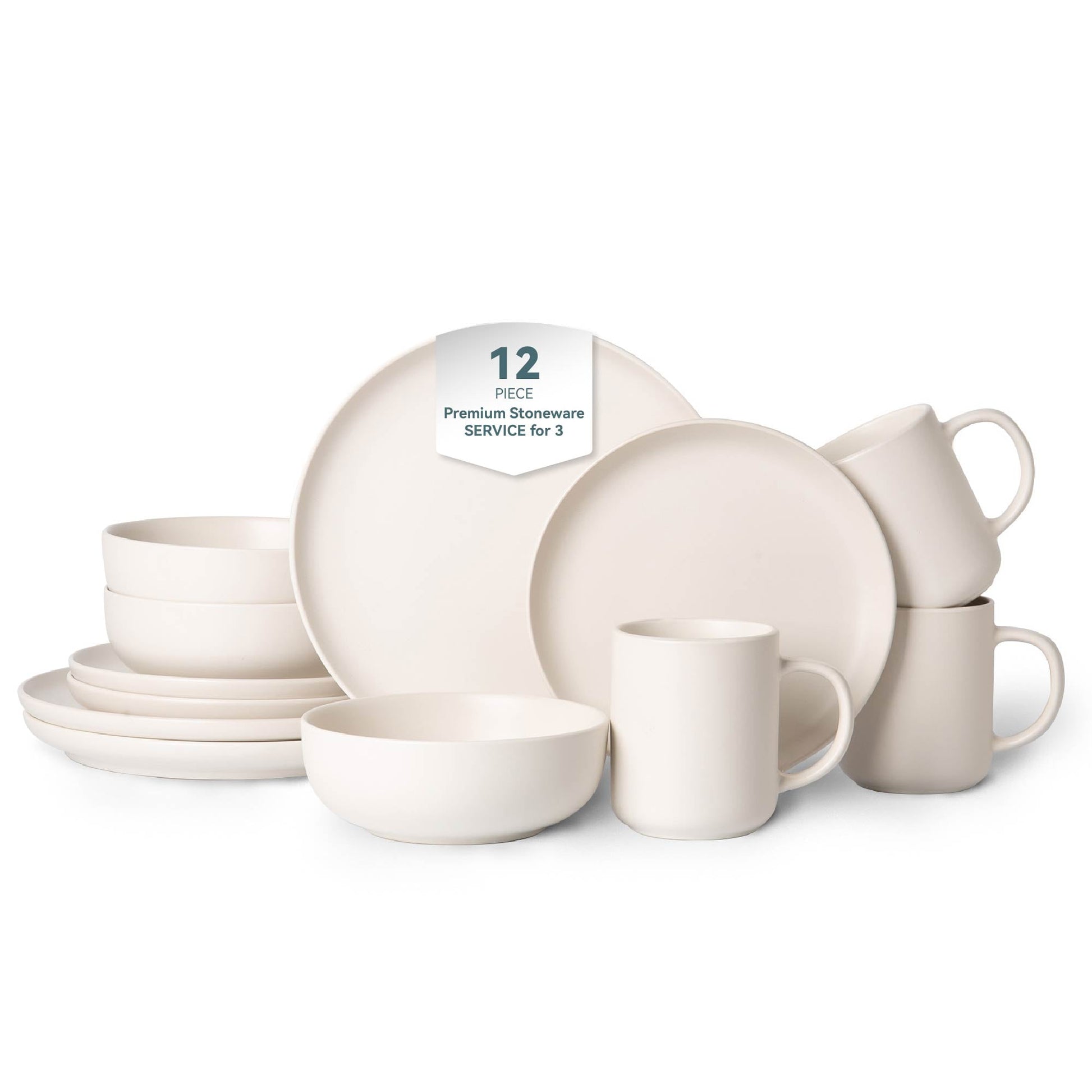 VANECL 12-Piece Matte Stoneware Dinnerware Set for 3, Non-Toxic Lead Free Plates B0wls Mugs, Microwave & Dishwasher Safe Stackable Reactive Glaze Kitchen Dinner Set