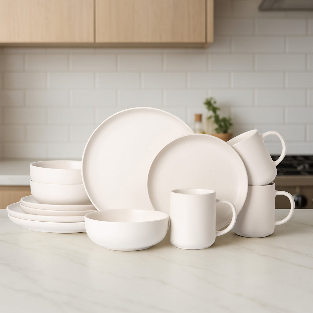 VANECL 12-Piece Matte Stoneware Dinnerware Set for 3, Non-Toxic Lead Free Plates B0wls Mugs, Microwave & Dishwasher Safe Stackable Reactive Glaze Kitchen Dinner Set