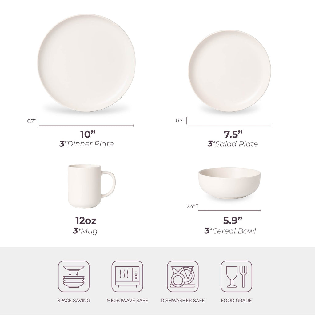 VANECL 12-Piece Matte Stoneware Dinnerware Set for 3, Non-Toxic Lead Free Plates B0wls Mugs, Microwave & Dishwasher Safe Stackable Reactive Glaze Kitchen Dinner Set