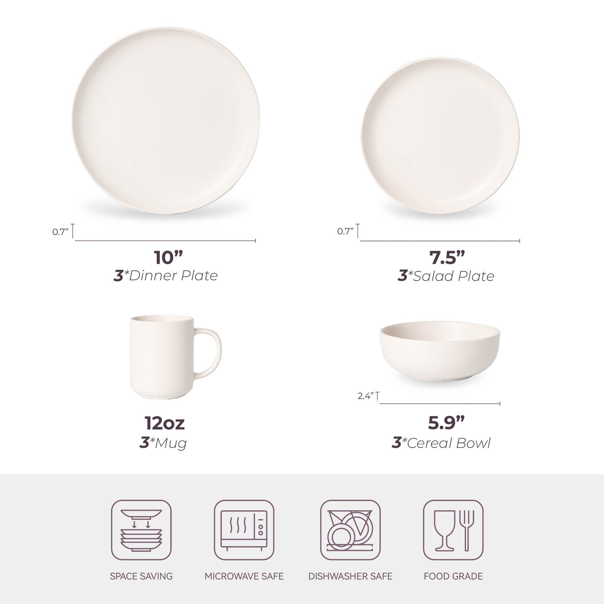 VANECL 12-Piece Matte Stoneware Dinnerware Set for 3, Non-Toxic Lead Free Plates B0wls Mugs, Microwave & Dishwasher Safe Stackable Reactive Glaze Kitchen Dinner Set