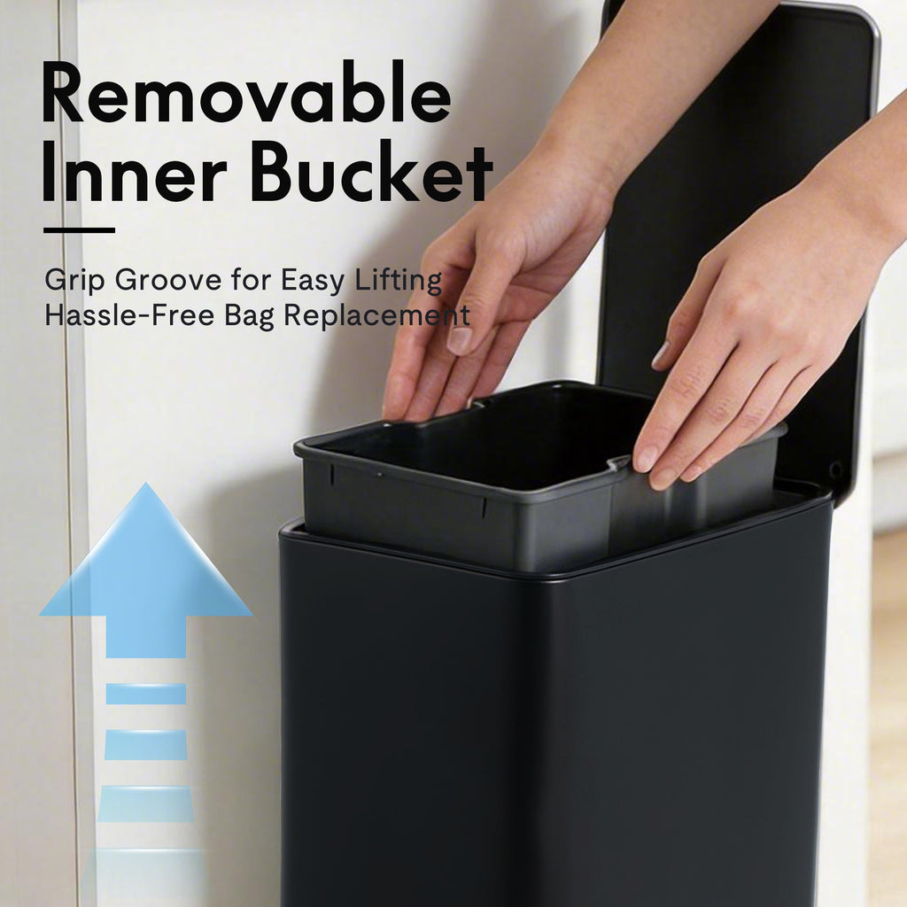 VANECL 10L / 2.6 Gallon Rectangular Step Trash Can, Black Stainless Steel Foot Pedal Garbage Bin with Removable Inner Bucket & Side Handle, Space Saving Waste Container for Kitchen Bathroom Bedroom Office