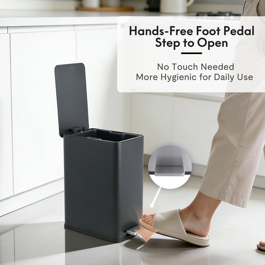 VANECL 10L / 2.6 Gallon Rectangular Step Trash Can, Black Stainless Steel Foot Pedal Garbage Bin with Removable Inner Bucket & Side Handle, Space Saving Waste Container for Kitchen Bathroom Bedroom Office