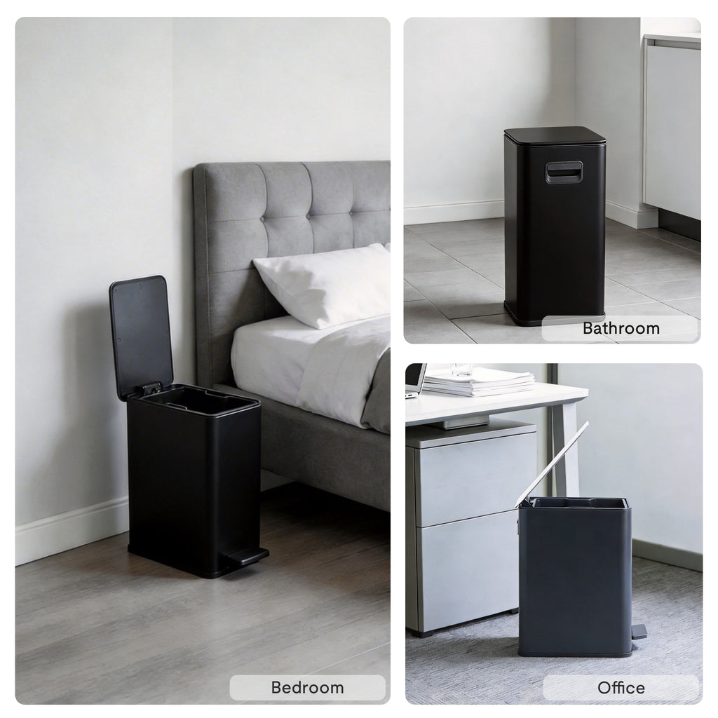 VANECL 10L / 2.6 Gallon Rectangular Step Trash Can, Black Stainless Steel Foot Pedal Garbage Bin with Removable Inner Bucket & Side Handle, Space Saving Waste Container for Kitchen Bathroom Bedroom Office