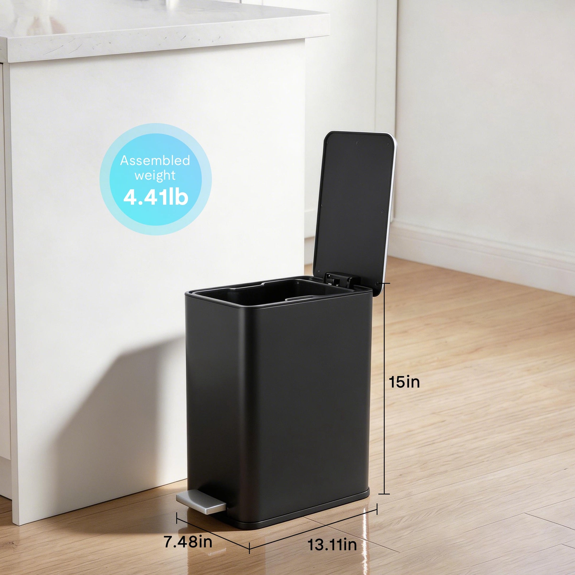 VANECL 10L / 2.6 Gallon Rectangular Step Trash Can, Black Stainless Steel Foot Pedal Garbage Bin with Removable Inner Bucket & Side Handle, Space Saving Waste Container for Kitchen Bathroom Bedroom Office