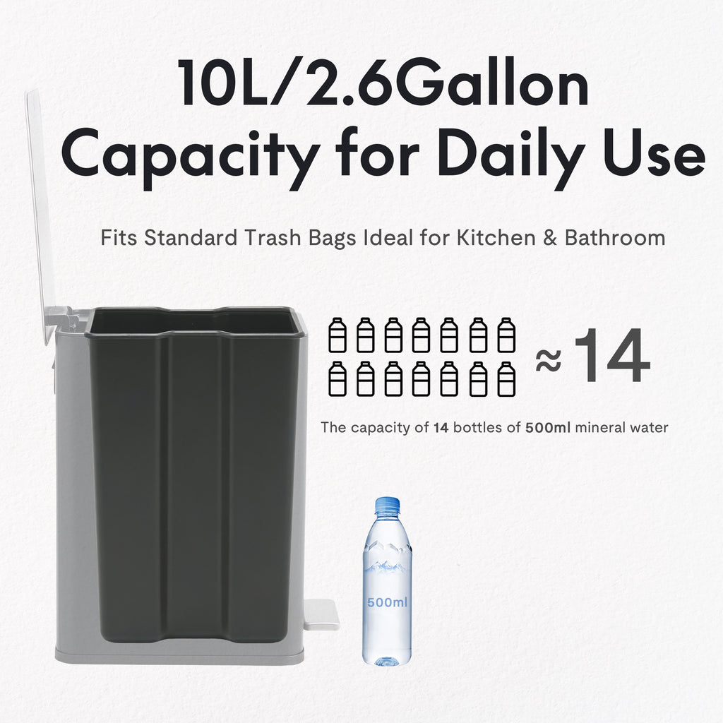 VANECL 10L / 2.6 Gallon Rectangular Step Trash Can, Black Stainless Steel Foot Pedal Garbage Bin with Removable Inner Bucket & Side Handle, Space Saving Waste Container for Kitchen Bathroom Bedroom Office