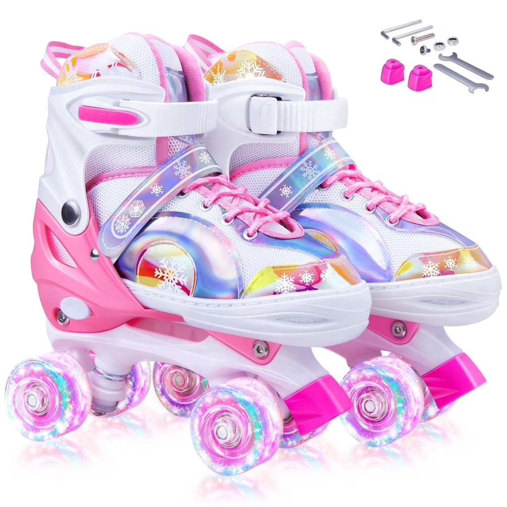 Bvivok Roller Skates for Girls Size (M: 2Y-5.5Y), 4 Sizes Adjustable, with Light up Wheels, Pink