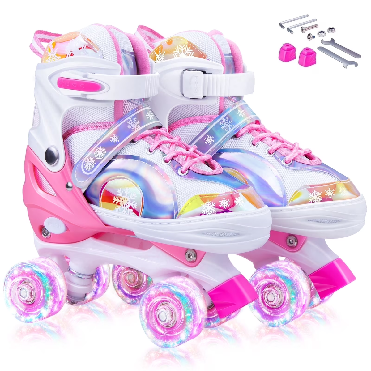 Bvivok Roller Skates for Girls Size (M: 2Y-5.5Y), 4 Sizes Adjustable, with Light up Wheels, Pink