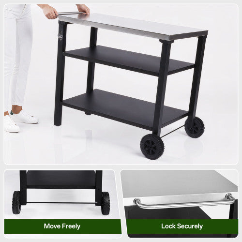 VANECL 3-Tier Outdoor Grill Cart with Stainless Steel Top, Rolling BBQ Prep Table with Lockable Wheels, Multifunctional Pizza Oven Stand Serving Bar Cart for Patio Backyard Outdoor Cooking, Black