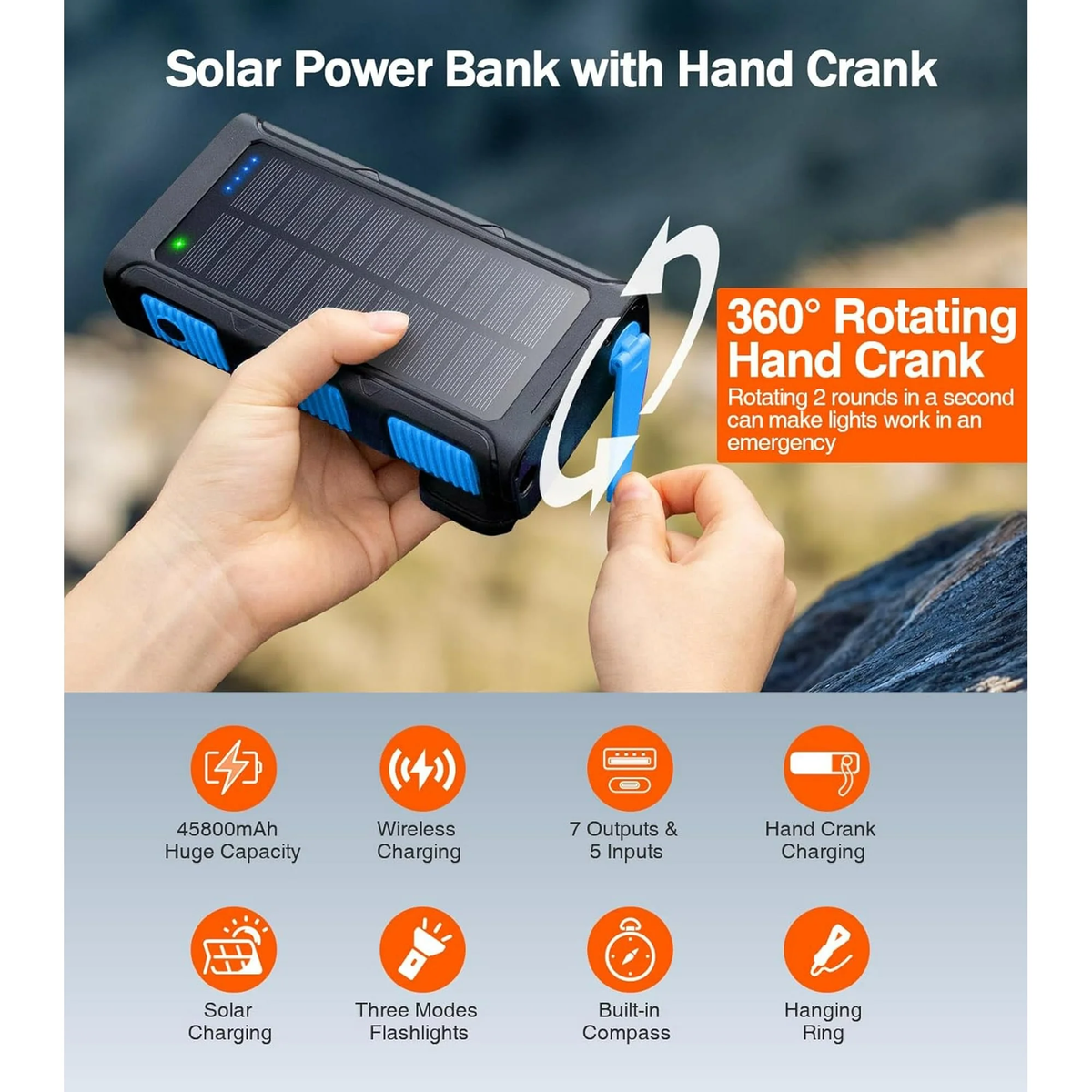 JIUMESS 45800mAh Solar Power Bank 15W with Hand Crank & Cables & Wireless Charger, Solar Charger Compatible for iPhone & Android Phone