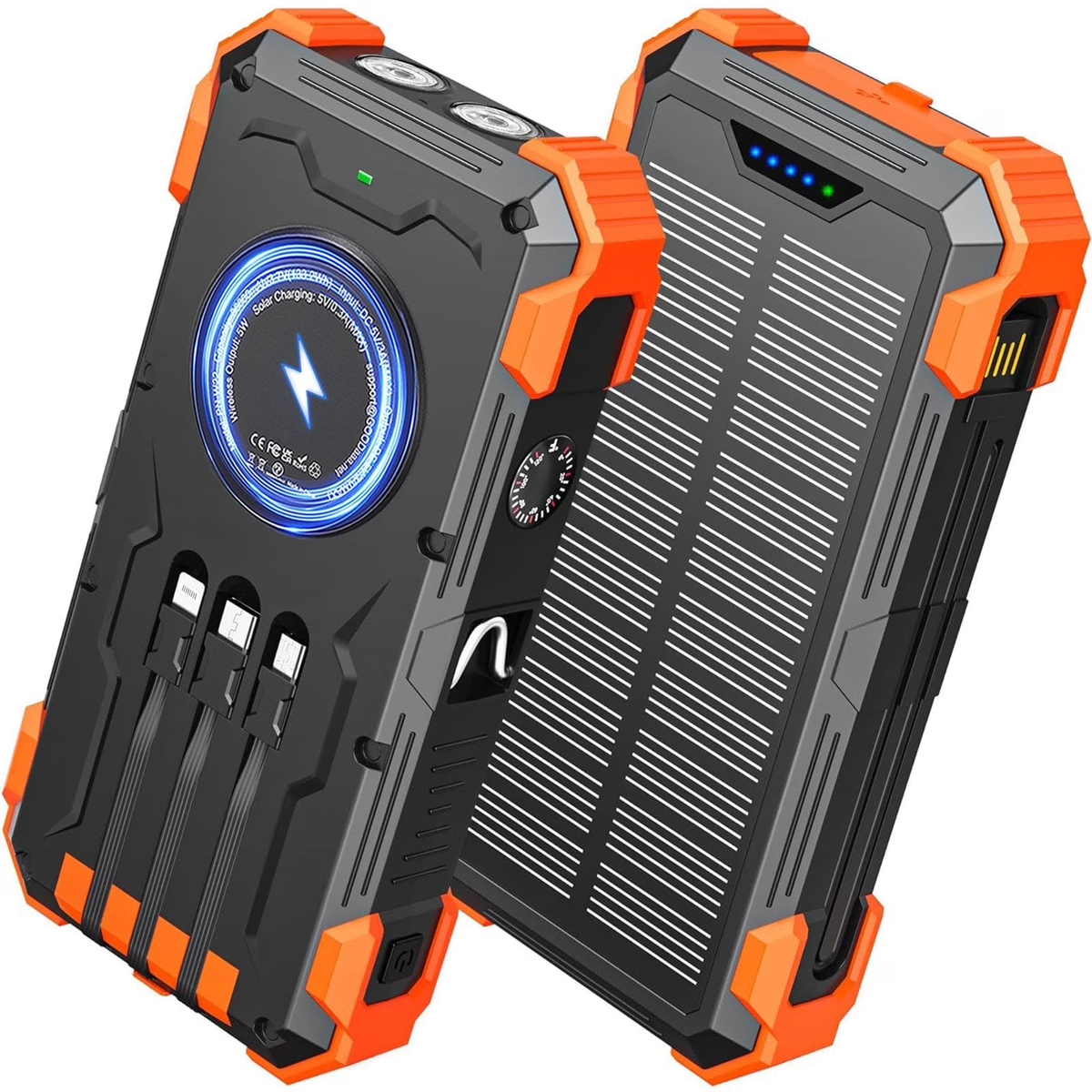 JIUMESS 42800mAh Solar Charger Power Bank with 4 Cables, 15W Fast Charging Portable Charger for Cell Phone, Wireless Charger Solar Battery Pack with Dual Flashlights, Carabiner