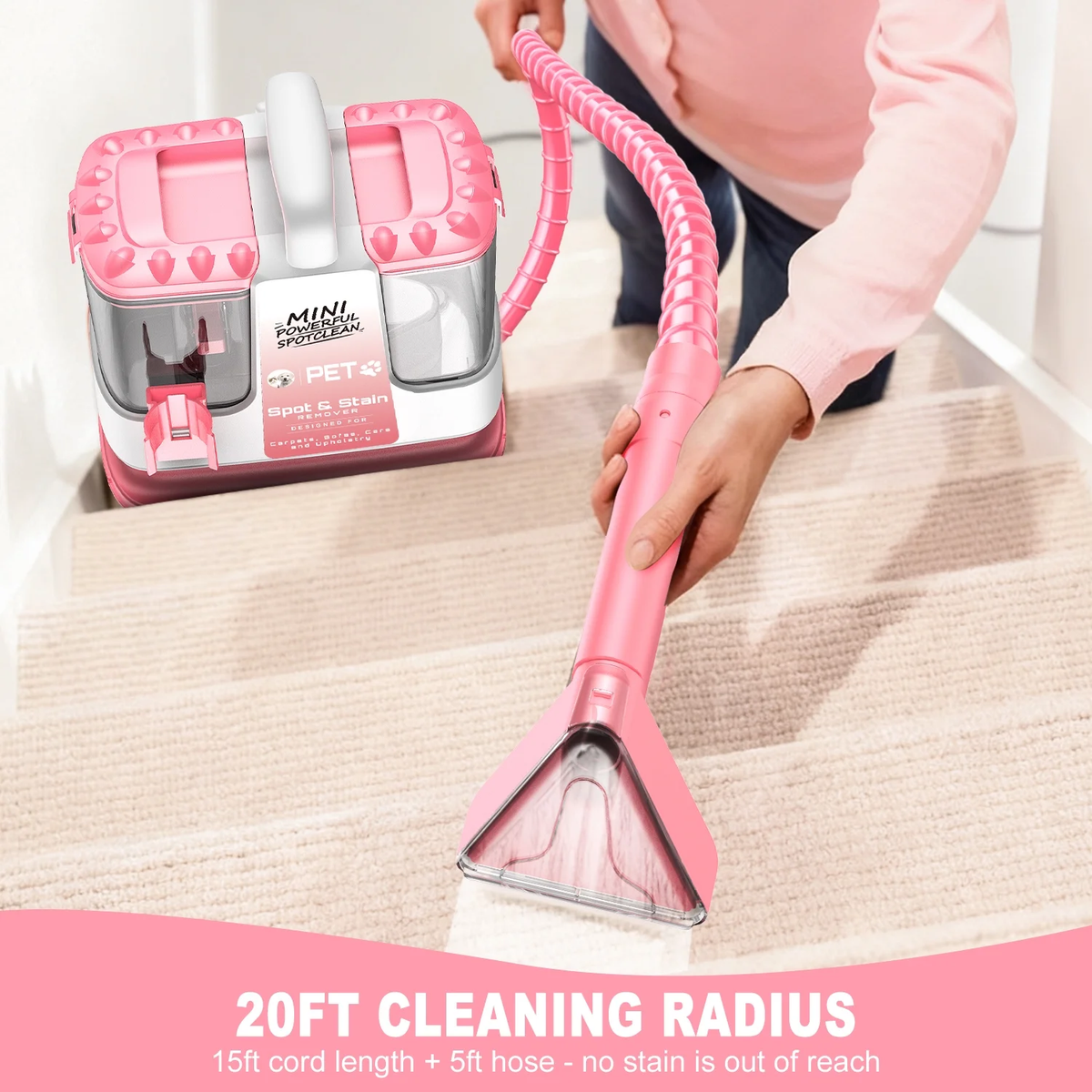 SUXIANGVAC Portable Carpet and Upholstery Spot Cleaner Machine, 20Kpa Powerful Suction with 5 Cleaning Tools, 17oz Cleaning Solution, Lightweight Compact Design, Deep Clean for Car, Home, Pink