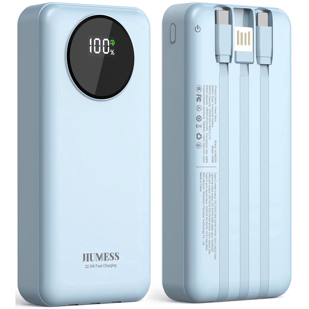 JIUMESS 20000mAh Power Bank with Cables 22.5W Fast Portable Charger Compatible for iPhone, Android