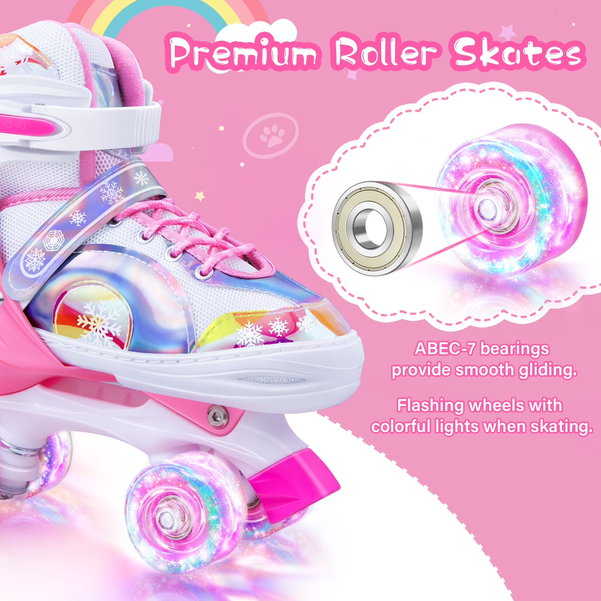 Bvivok Roller Skates for Girls Size (M: 2Y-5.5Y), 4 Sizes Adjustable, with Light up Wheels, Pink