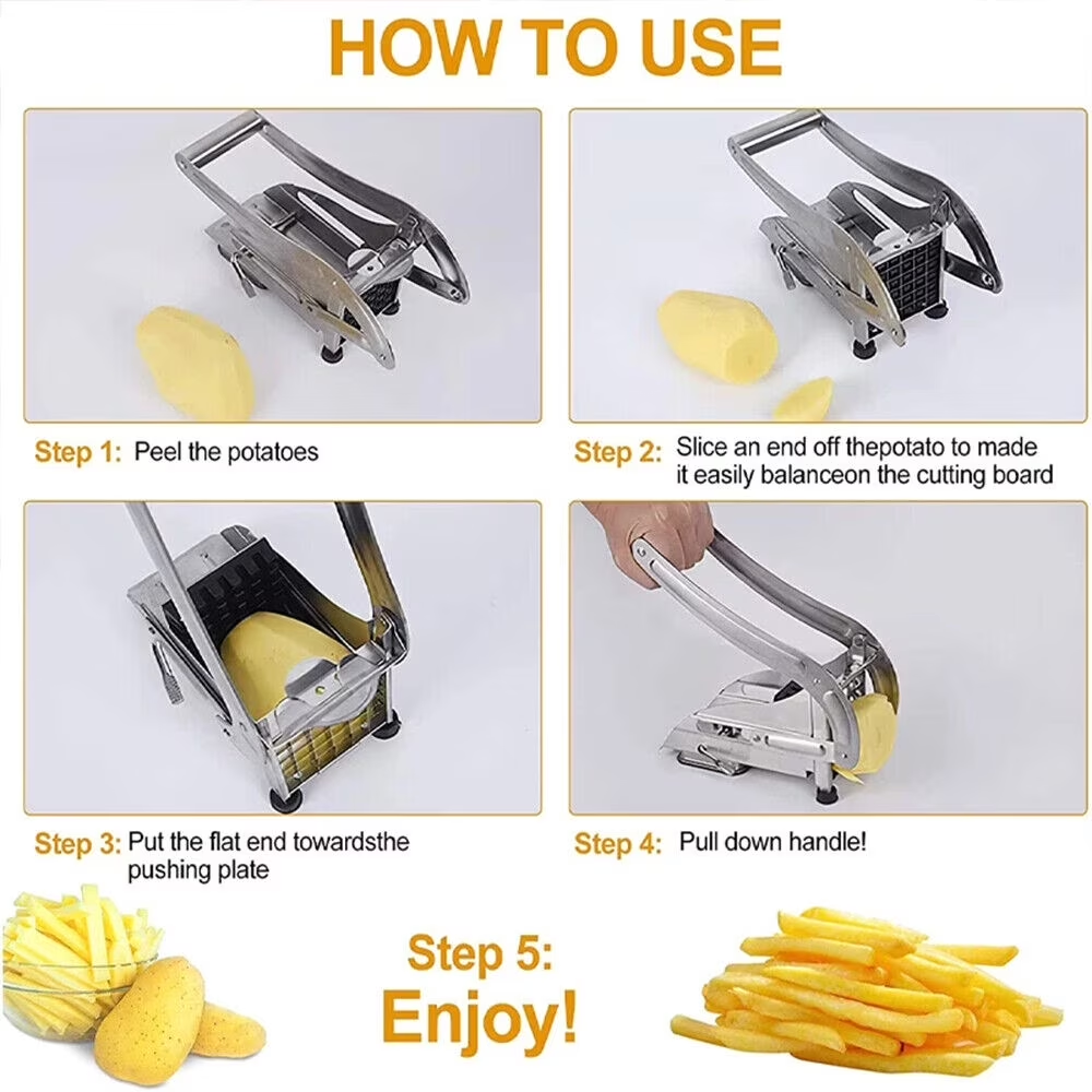 WANDOBAO French Fry Cutter Stainless Steel Potato Slicer, Food Grade Potato Cutter with No-Slip Base & 2 Blades for Potato Vegetable Radish Cucumber Onion