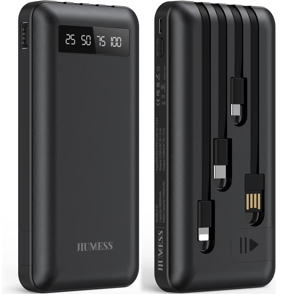 JIUMESS 20000mAh Power Bank Portable Charger with Cables Compatible for iPhone, Android Cell Phone
