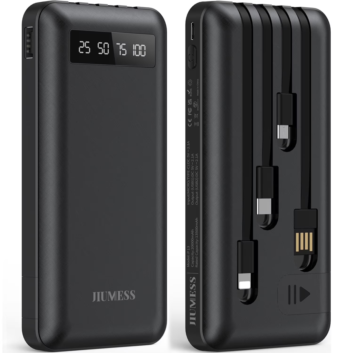 JIUMESS 20000mAh Power Bank Portable Charger with Cables Compatible for iPhone, Android Cell Phone