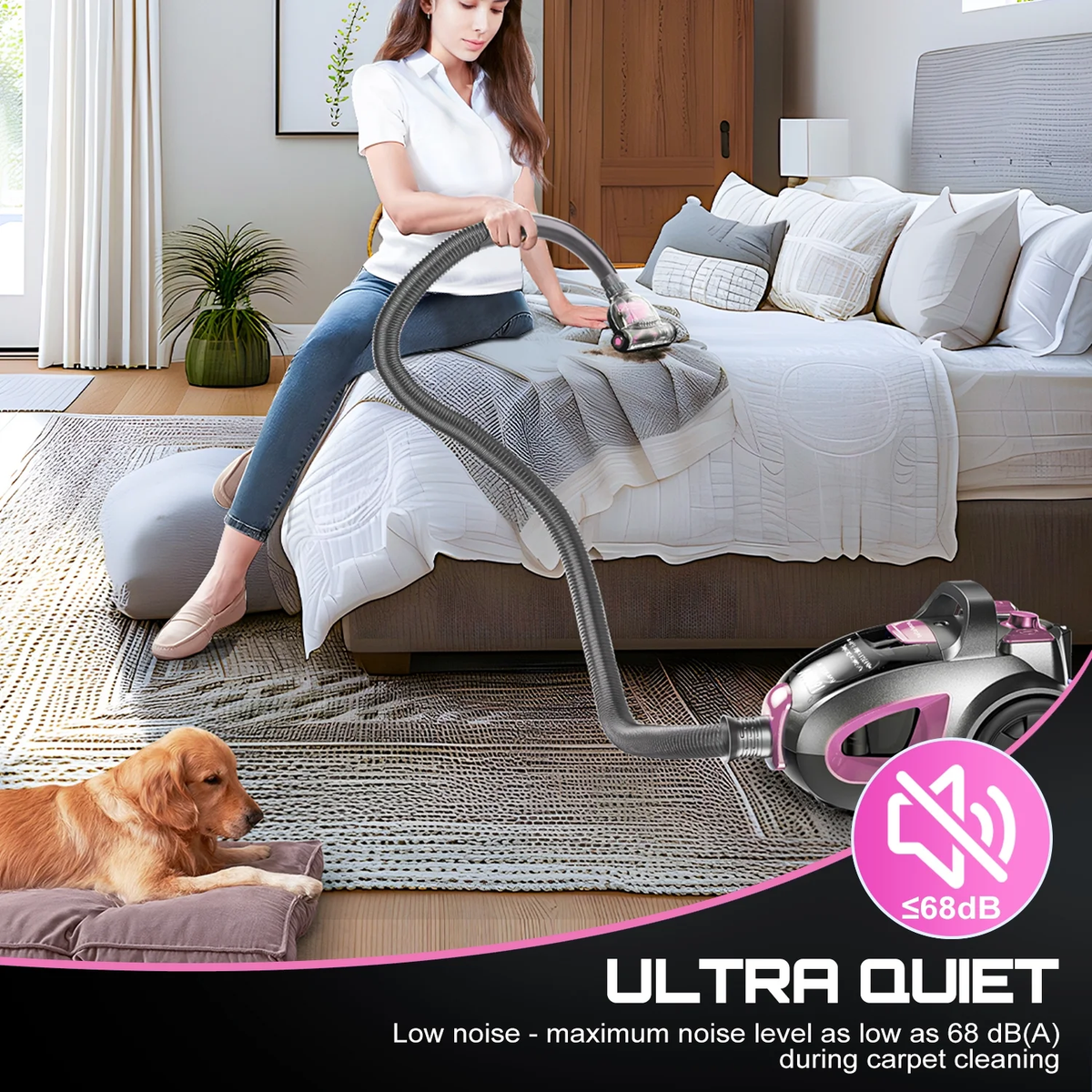 SUXIANGVAC Canister Vacuum Cleaner, 32Kpa 1600W Bagless Vacuum Cleaner, Dust Full Indicator, H13 HEPA Filter, 3.7Qt Large Capacity, Lightweight Vac for Hard Floors, Carpet, Pet, Upholstery, Pink