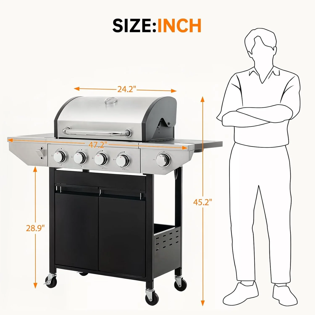 Aminy 4 Burner BBQ Propane Gas Grill with Side Burner, Outdoor Stainless Steel 46790 BTU Patio Garden BBQ Grill with Lid, Wheels for Camping, Outdoor Cooking