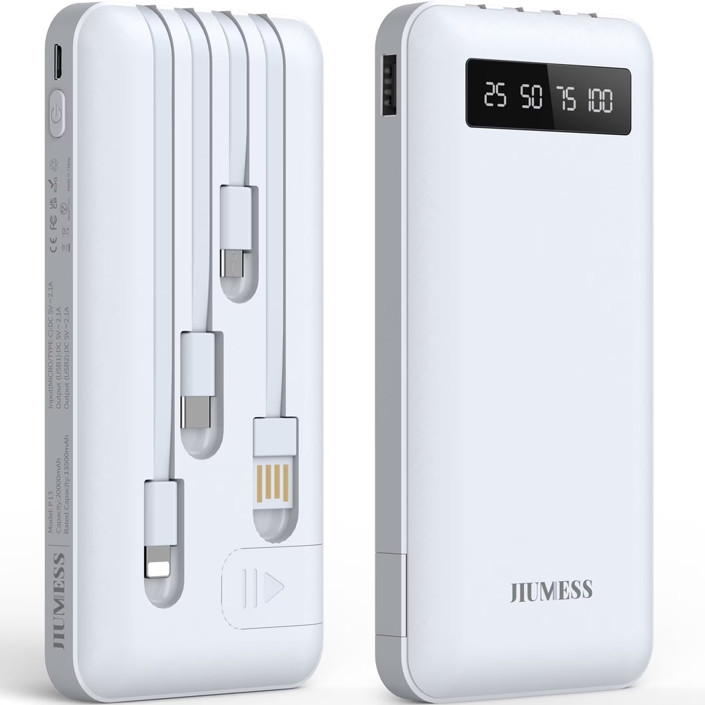 JIUMESS 20000mAh Power Bank Portable Charger with Cables, USB Battery Pack for iPhone & Android Cell Phone