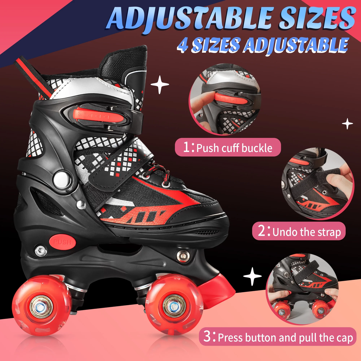 Bvivok Roller Skates for Boys, Adjustable 4 Sizes, with Light up Wheels, Black, S: 12C-1.5Y