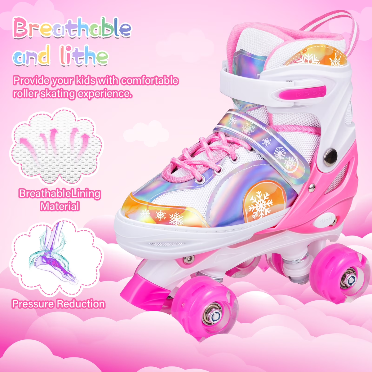 Bvivok Roller Skates for Girls Size (S: 12C-1.5Y), 4 Sizes Adjustable, with Light up Wheels, Pink