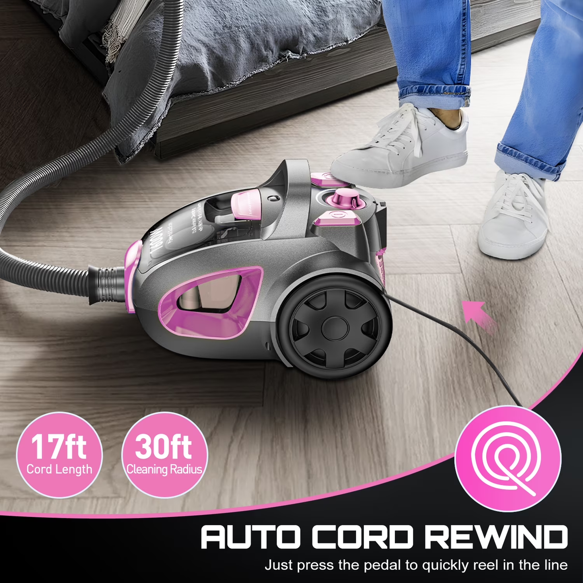 SUXIANGVAC Canister Vacuum Cleaner, 32Kpa 1600W Bagless Vacuum Cleaner, Dust Full Indicator, H13 HEPA Filter, 3.7Qt Large Capacity, Lightweight Vac for Hard Floors, Carpet, Pet, Upholstery, Pink