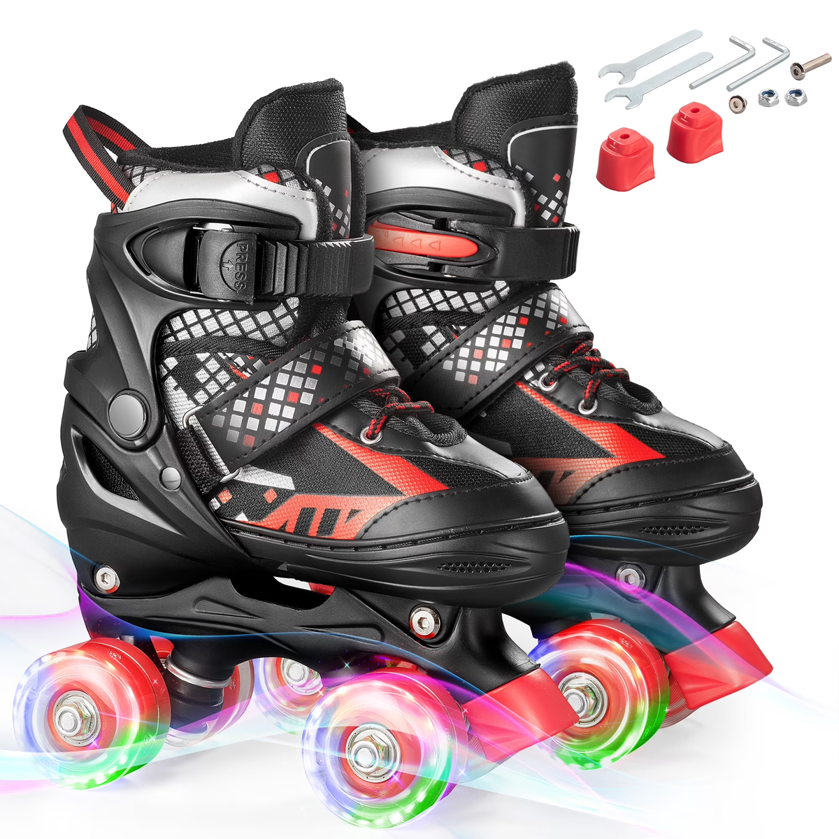 Bvivok Roller Skates for Boys, Adjustable 4 Sizes, with Light up Wheels, Black, S: 12C-1.5Y