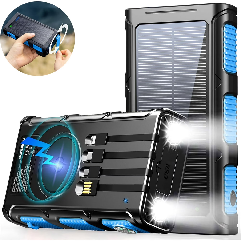 JIUMESS 45800mAh Solar Power Bank 15W with Hand Crank & Cables & Wireless Charger, Solar Charger Compatible for iPhone & Android Phone
