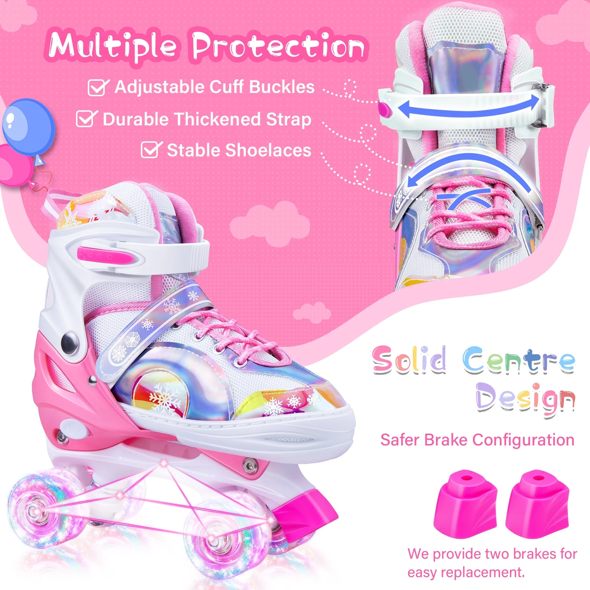 Bvivok Roller Skates for Girls Size (S: 12C-1.5Y), 4 Sizes Adjustable, with Light up Wheels (Snowflake Pink)
