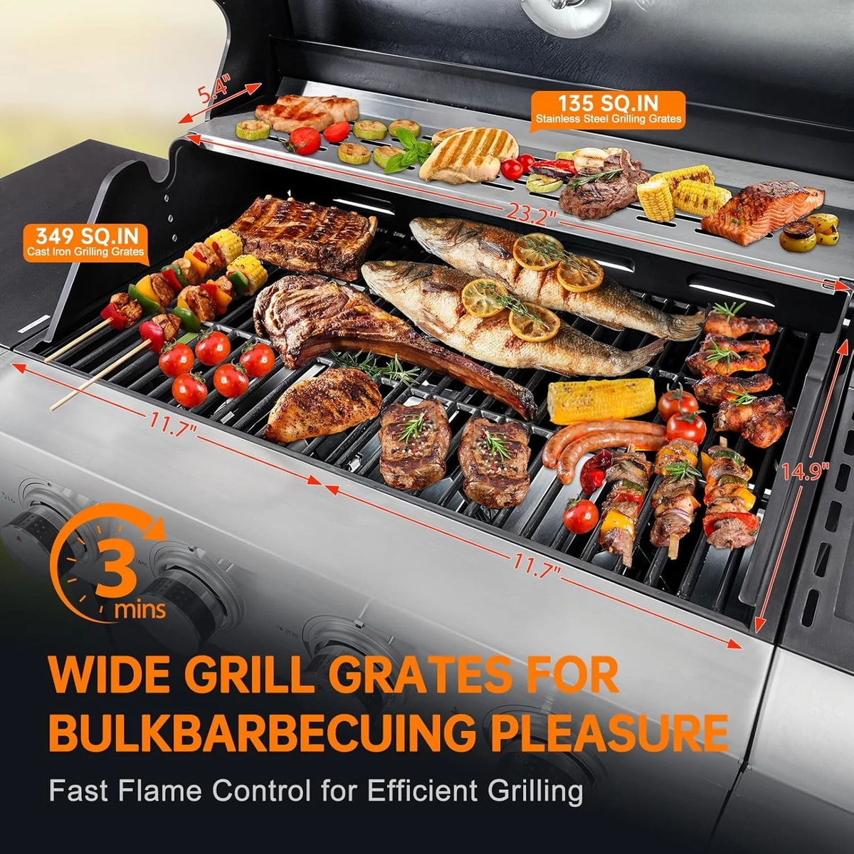 Aminy 4 Burner BBQ Propane Gas Grill with Side Burner, Outdoor Stainless Steel 46790 BTU Patio Garden BBQ Grill with Lid, Wheels for Camping, Outdoor Cooking