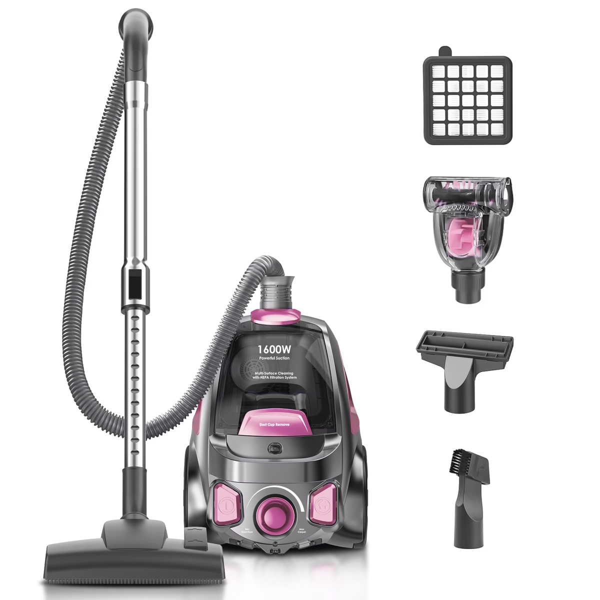 SUXIANGVAC Canister Vacuum Cleaner, 32Kpa 1600W Bagless Vacuum Cleaner, Dust Full Indicator, H13 HEPA Filter, 3.7Qt Large Capacity, Lightweight Vac for Hard Floors, Carpet, Pet, Upholstery, Pink