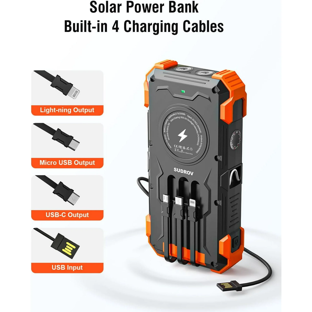 JIUMESS 42800mAh Solar Charger Power Bank with 4 Cables, 15W Fast Charging Portable Charger for Cell Phone, Wireless Charger Solar Battery Pack with Dual Flashlights, Carabiner