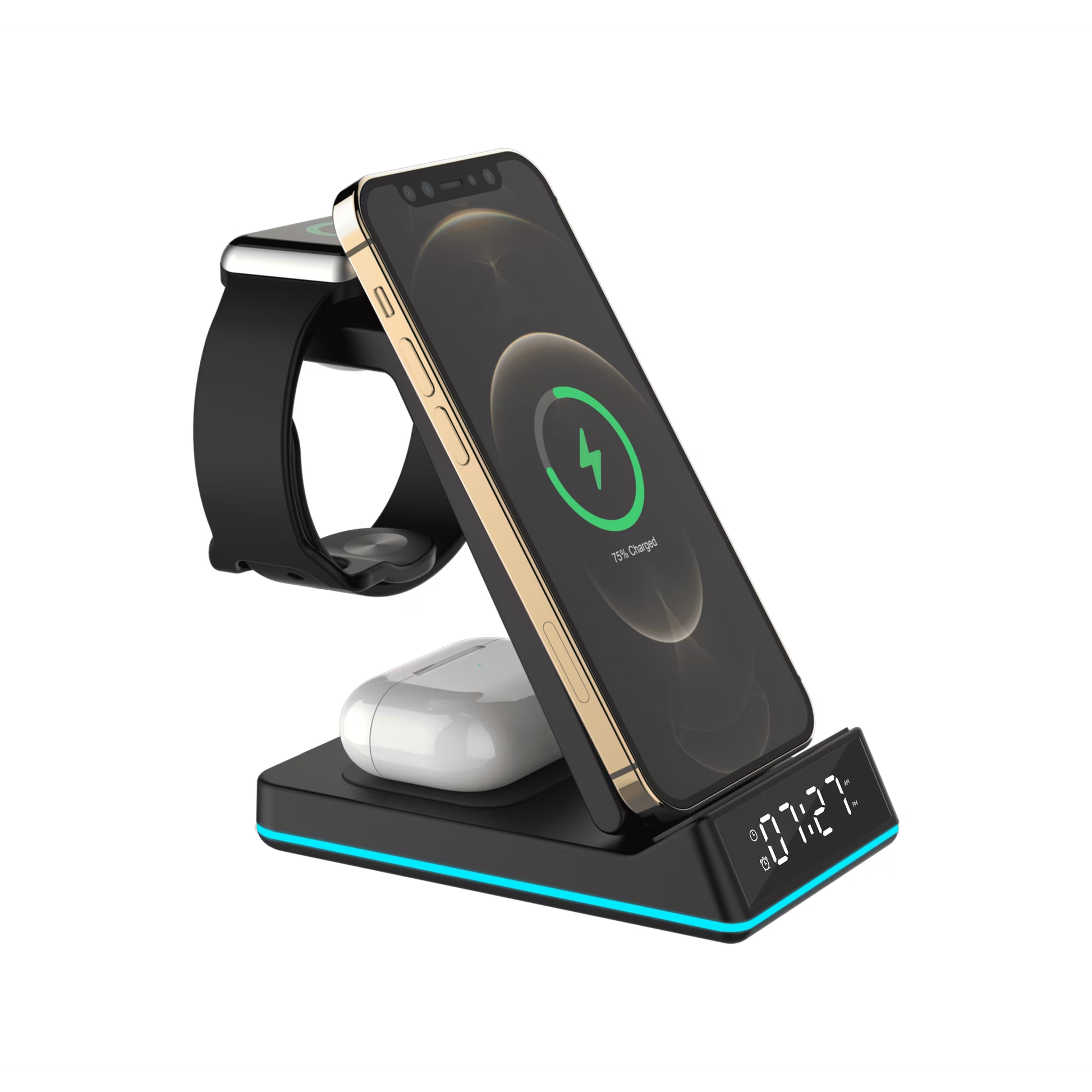 VISENTOR Wireless Charging Station, 7-in-1 Foldable 15W Fast Charger with Alarm Clock & Night Light for iPhone/Samsung/Apple Watch & AirPods