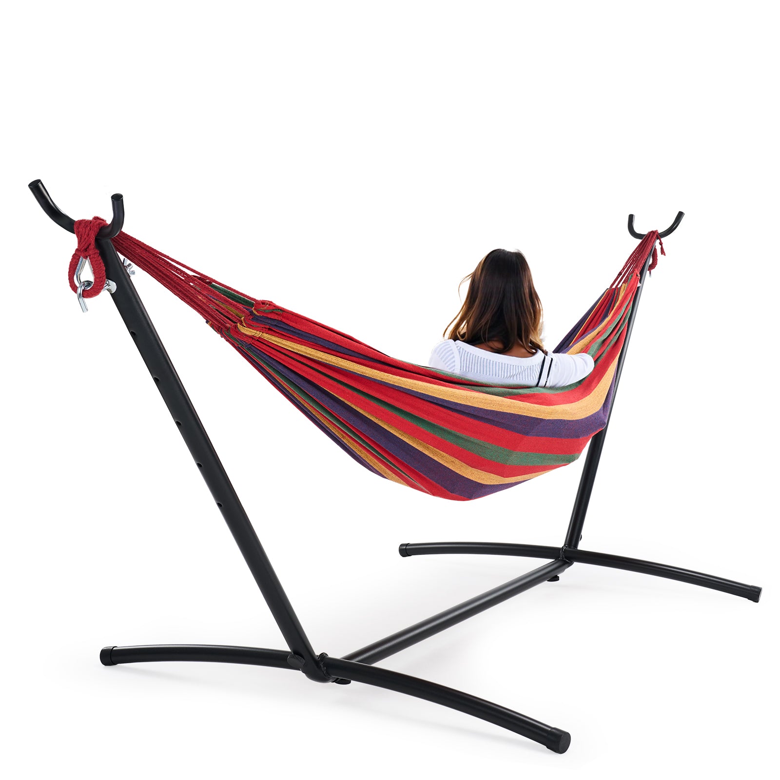 VANECL Double Hammock with Adjustable Steel Stand & Storage Bag, 450 LBS Capacity Poly Cotton 2-Person Portable Hammock for Backyard Camping Indoor Outdoor