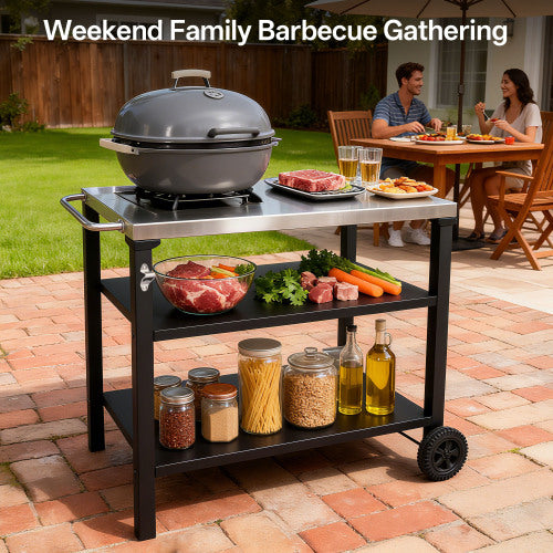 VANECL 3-Tier Outdoor Grill Cart with Stainless Steel Top, Rolling BBQ Prep Table with Lockable Wheels, Multifunctional Pizza Oven Stand Serving Bar Cart for Patio Backyard Outdoor Cooking, Black
