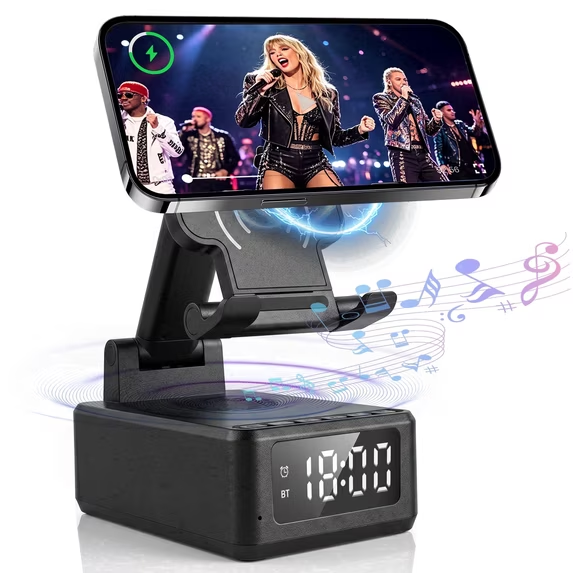 Visentor Phone Stand with Bluetooth Speaker, 5 in 1 Wireless Charger & Digital Alarm Clock, Foldable Cell Phone Holder with HD Stereo Sound for iPhone Android