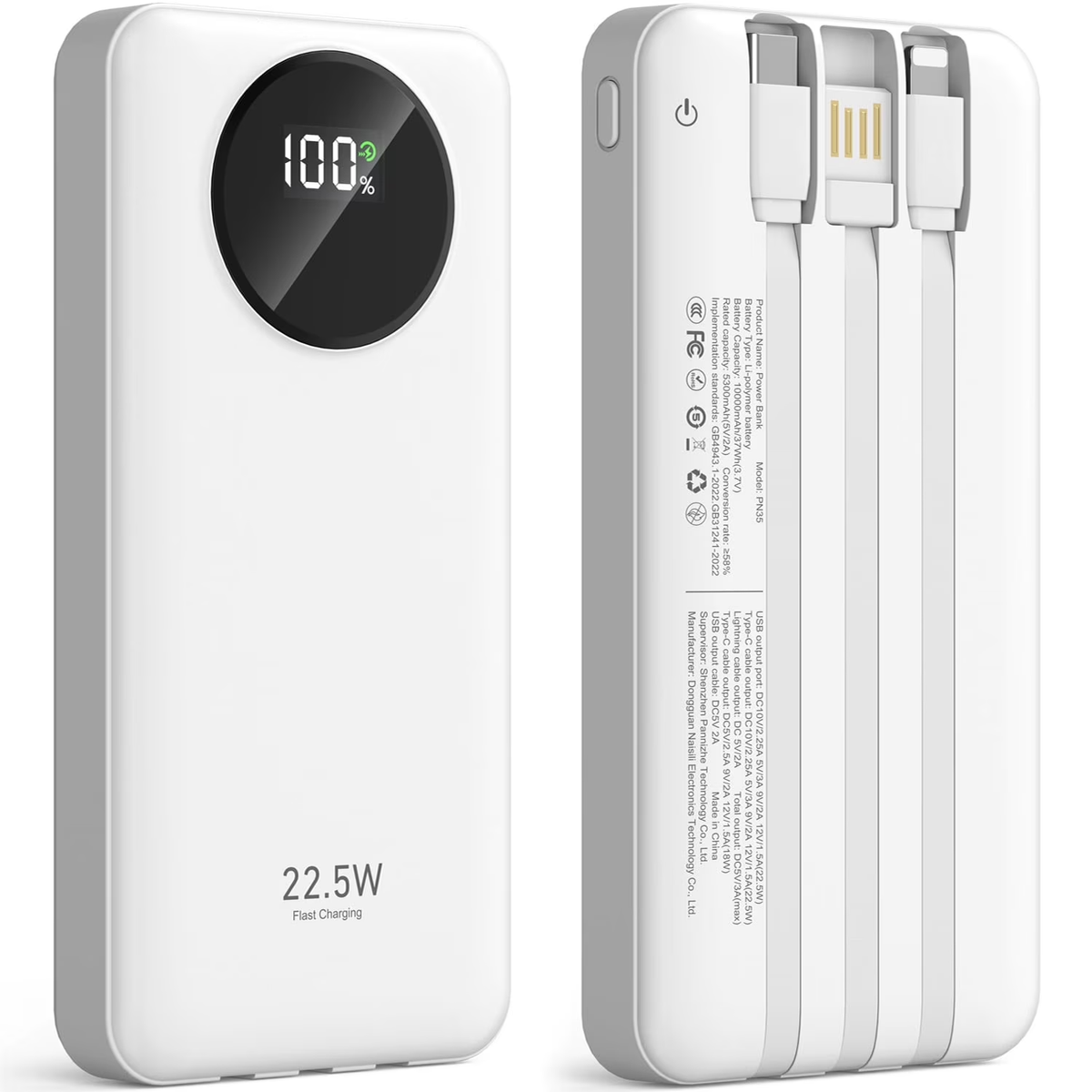 JIUMESS 10000mAh Power Bank 22.5W Portable Charger with Cables Compatible for iPhone & Android Phone