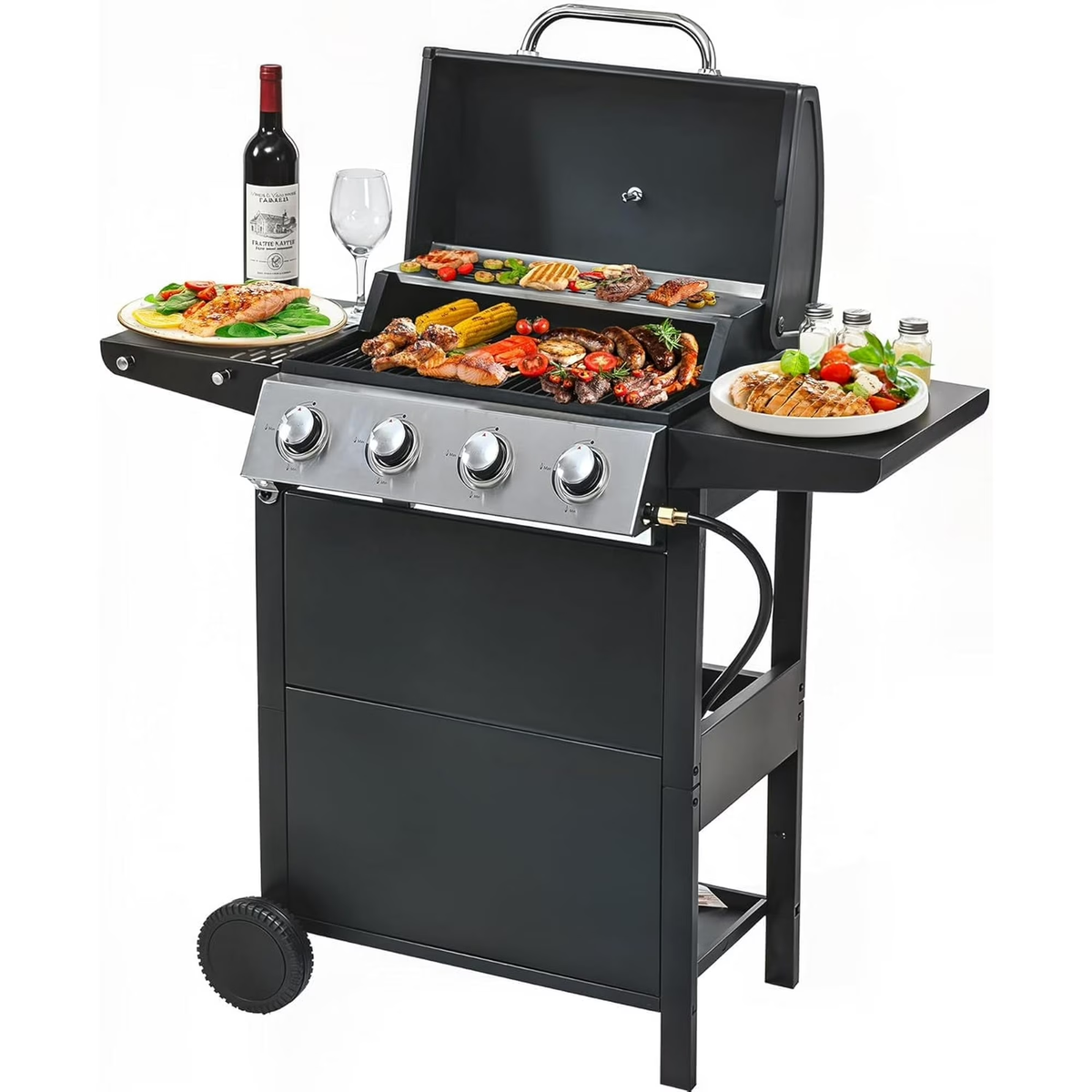 Aminy 4 Burner Grill Propane Gas Grill, Outdoor Stainless Steel 37230 BTU Patio Garden BBQ Grill with Lid, Wheels for RV Camping Barbecue