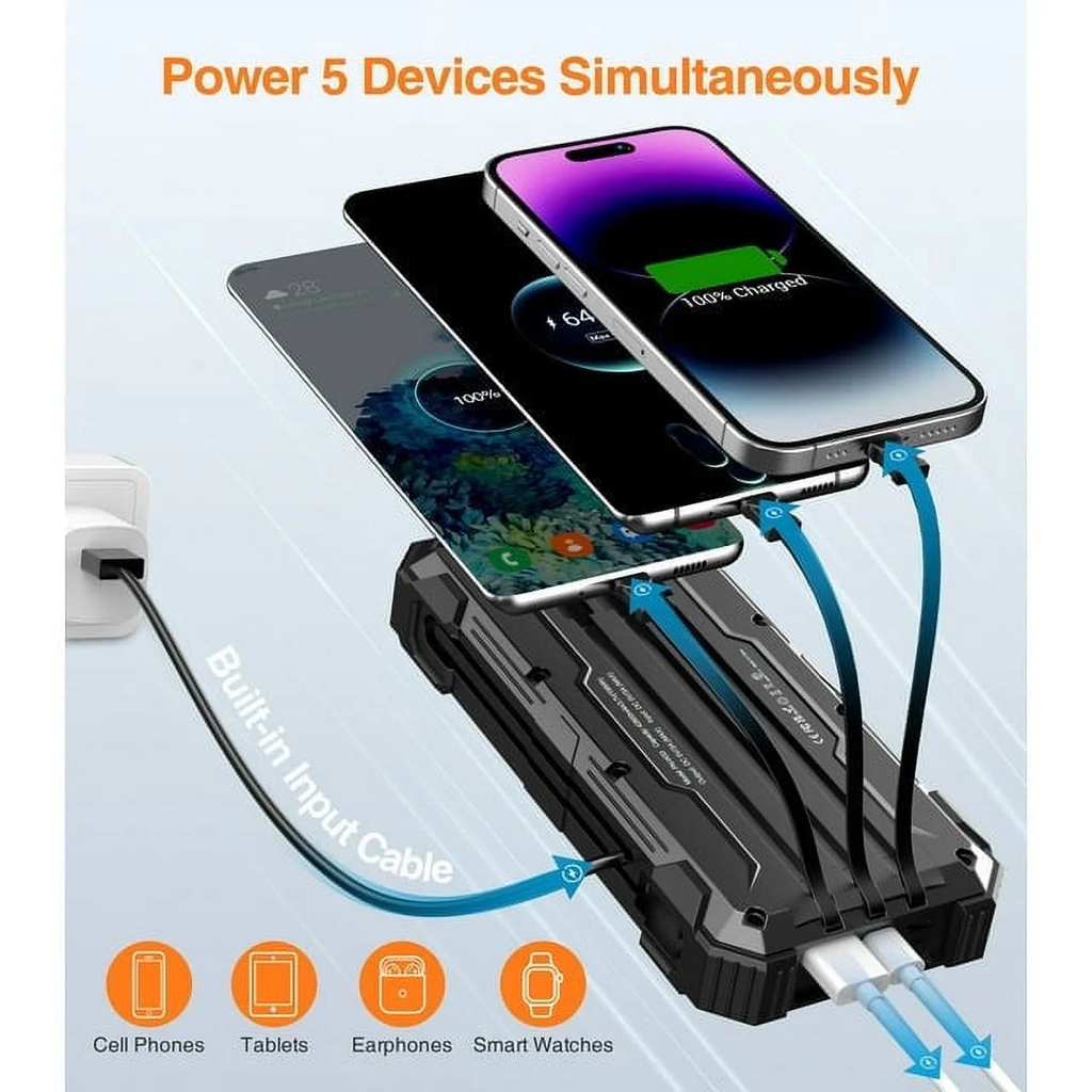 JIUMESS 42800mAh Solar Charger Power Bank 15W Fast Charging Portable Charger with 4 Cables, USB Battery Pack Compatible with iPhone & Android Cell Phone