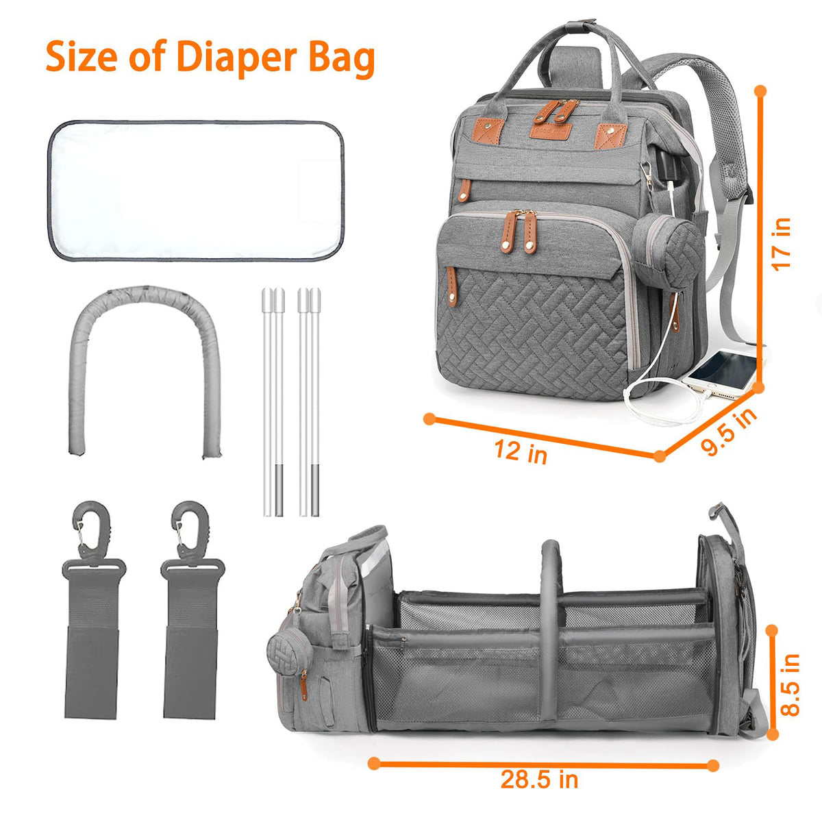 Baby Diaper Bag Backpack with Changing Station,Waterproof 30L Large Capacity Portable Travel Bag for Moms Dads,Insulated Milk Pocket &USB Charging Port,Gray